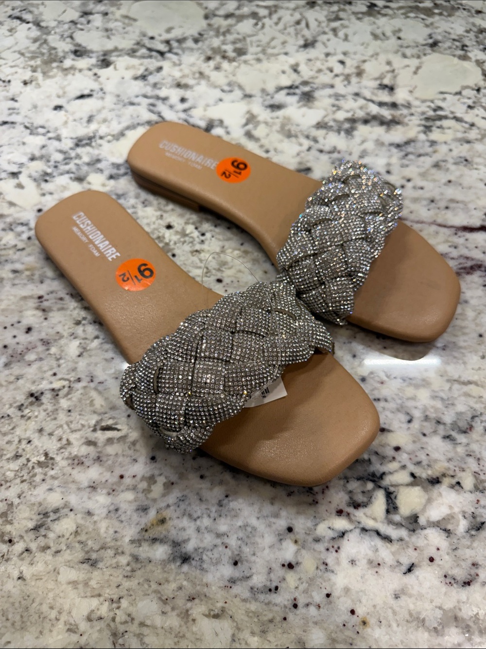 Cushionaire Silver Braided Crystal Slide Sandals for Women